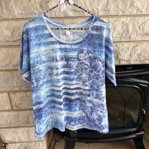 CJ Banks Ocean Wave Blue and White Tee Size X